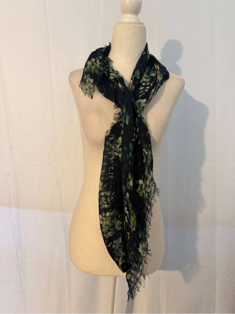J. Jill Floral Plaid Gauze Scarf Gray Green Cream Lightweight Fringe Wrap Shawl